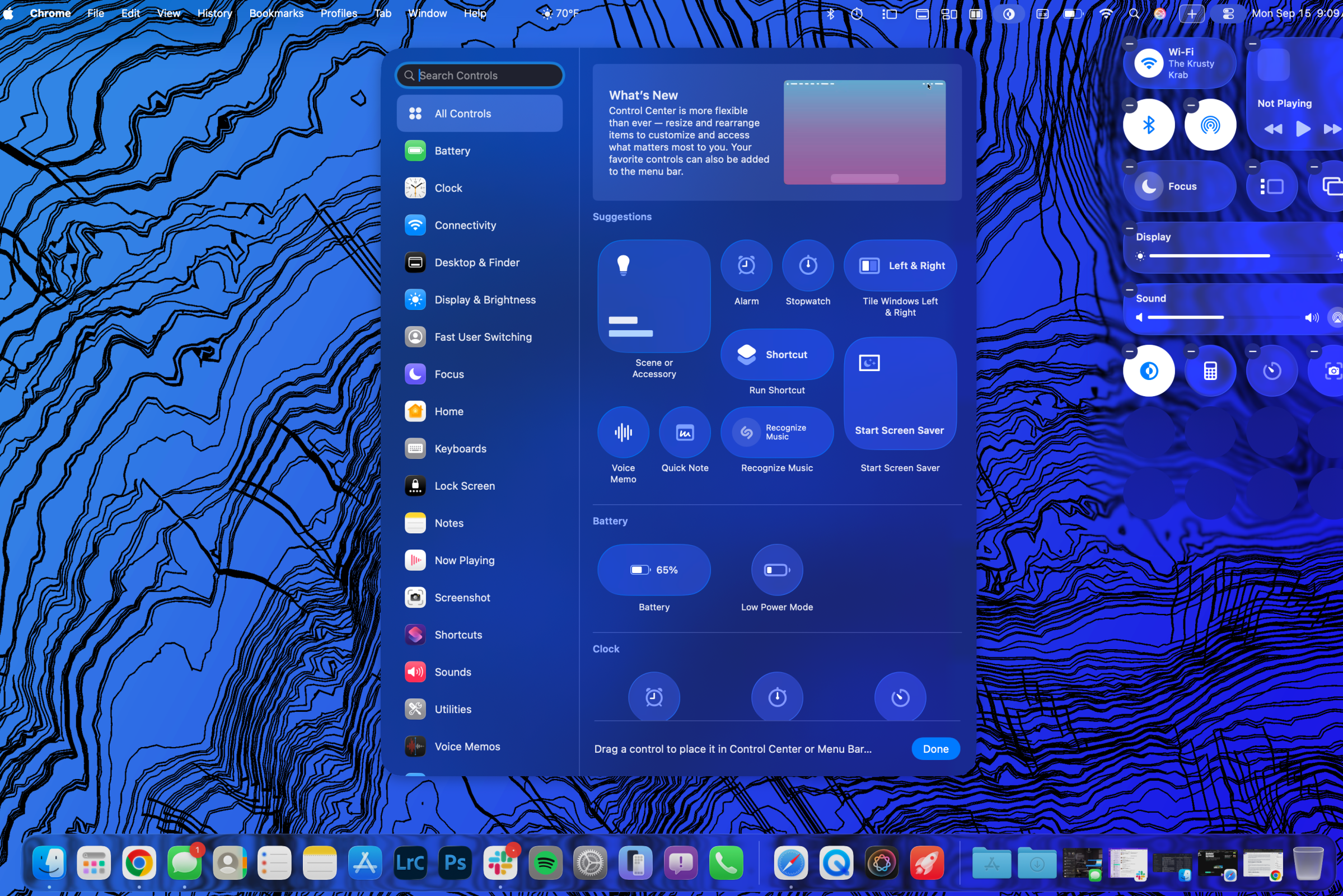 The Controls Gallery, with many toggles and buttons you can drag and drop to either the Command Center or Menu Bar. Note that I added enough stuff to the Menu Bar in this example to bump the temperature to the other side of the MacBook Air’s notch (which is invisible in screenshots).